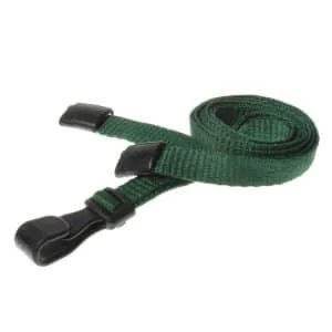 Recycled Green Breakaway Lanyards with Plastic Clip. For card holders or hole punched plastic photo ID cards or secure entry plastic cards with chips. Prices from £26 per 100.
