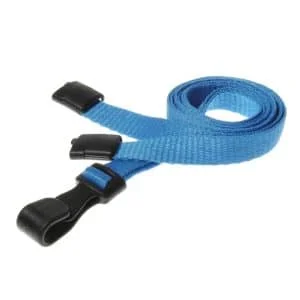Recycled Blue Breakaway Lanyards with Plastic Clip. For card holders or hole punched plastic photo ID cards or secure entry plastic cards with chips. Prices from £26 per 100.