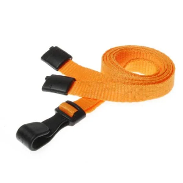 Recycled Orange Breakaway Lanyards with Plastic Clip. For card holders or hole punched plastic photo ID cards or secure entry plastic cards with chips. Prices from £26 per 100.