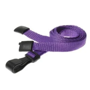 Recycled Purple Breakaway Lanyards with Plastic Clip. For card holders or hole punched plastic photo ID cards or secure entry plastic cards with chips. Prices from £26 per 100.