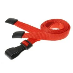 Recycled Red Breakaway Lanyards with Plastic Clip. For card holders or hole punched plastic photo ID cards or secure entry plastic cards with chips. Prices from £26 per 100.
