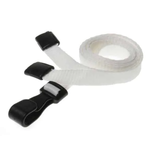 Recycled White Breakaway Lanyards with Plastic Clip. For card holders or hole punched plastic photo ID cards or secure entry plastic cards with chips. Prices from £26 per 100.