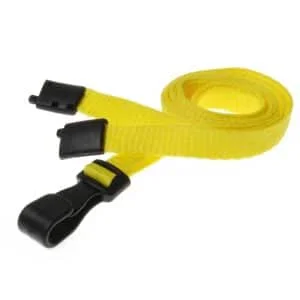 Recycled Yellow Breakaway Lanyards with Plastic Clip. For card holders or hole punched plastic photo ID cards or secure entry plastic cards with chips. Prices from £26 per 100.