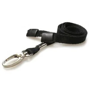 Recycled Black Breakaway Lanyards with Metal Clip. For card holders or hole punched plastic photo ID cards or secure entry plastic cards with chips. Prices from £28 per 100.
