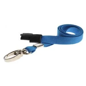 Recycled Blue Breakaway Lanyards with Metal Clip. For card holders or hole punched plastic photo ID cards or secure entry plastic cards with chips. Prices from £28 per 100.