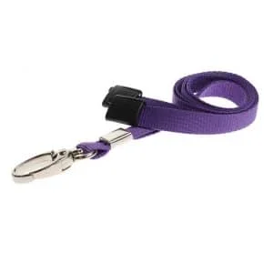 Recycled Purple Breakaway Lanyards with Metal Clip. For card holders or hole punched plastic photo ID cards or secure entry plastic cards with chips. Prices from £28 per 100.