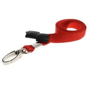 Recycled Red Breakaway Lanyards with Metal Clip. For card holders or hole punched plastic photo ID cards or secure entry plastic cards with chips. Prices from £28 per 100.