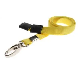 Recycled Yellow Breakaway Lanyards with Metal Clip. For card holders or hole punched plastic photo ID cards or secure entry plastic cards with chips. Prices from £28 per 100.