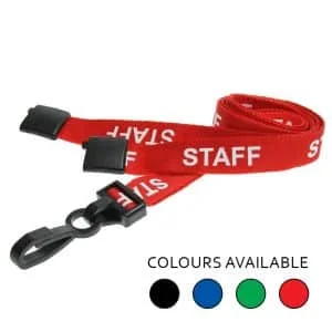 Recycled Staff Breakaway Lanyards with Plastic Clip in Red from Premier Eco Cards. For card holders or hole punched plastic photo ID cards or secure entry plastic cards with chips. Prices from £26 per 100. Other colours available including black, blue and green.