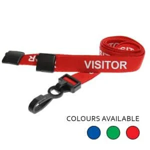 Recycled Visitor Breakaway Lanyards with Plastic Clip in Red from Premier Eco Cards. For card holders or hole punched plastic photo ID cards or secure entry plastic cards with chips. Other colours available including blue and green.